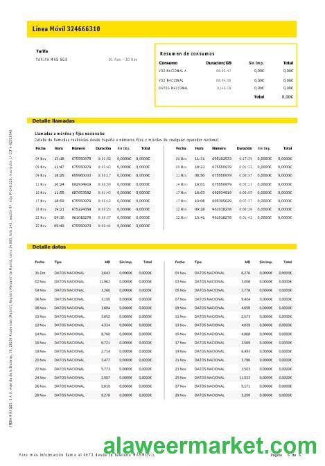 Spain Masmovil internet and mobile utility  bill Word and PDF formats, 5 pages..